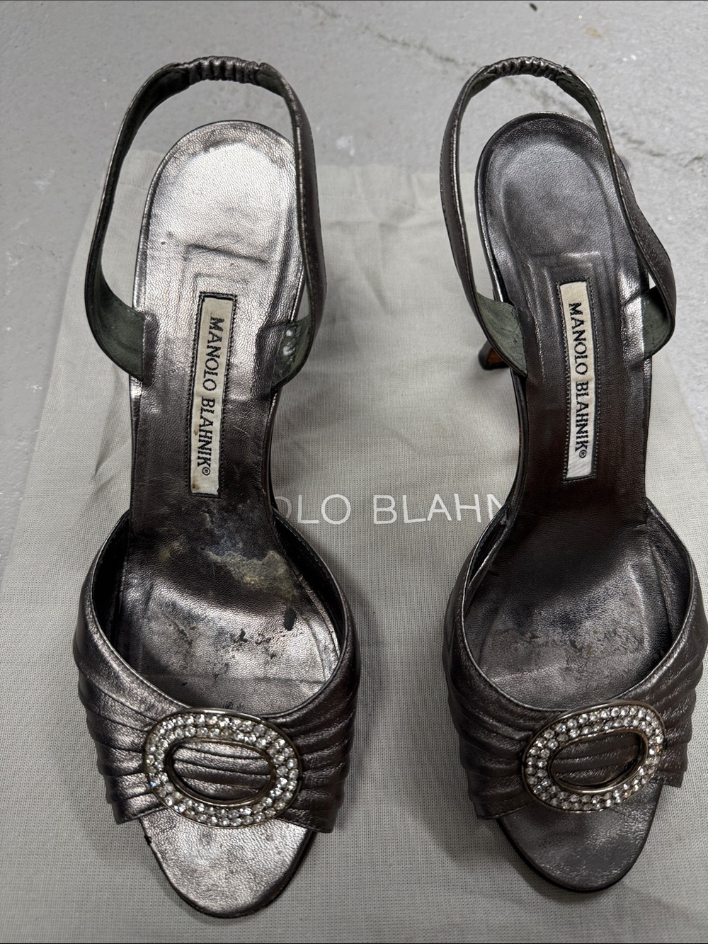 Manolo Blahnik Metallic Gunmetal Slingback Sandals with Crystal Buckle